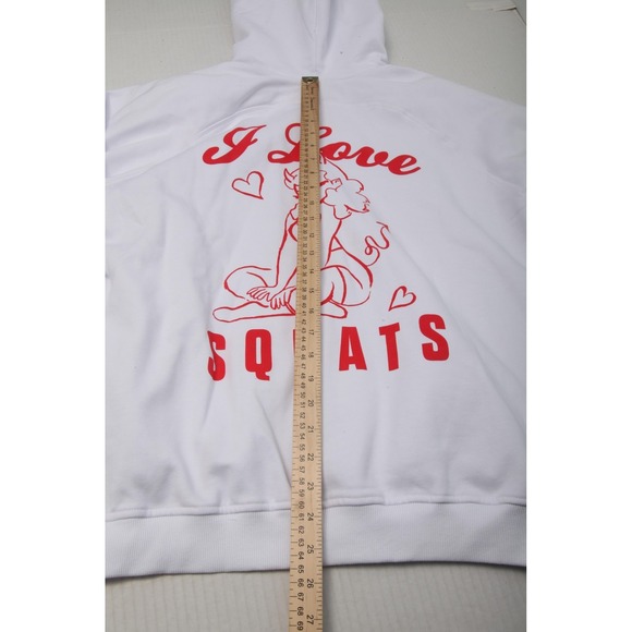 Gymshark Hoodie Womens M White I Love Squats Devil Graphic Fleece Oversized - Picture 10 of 12